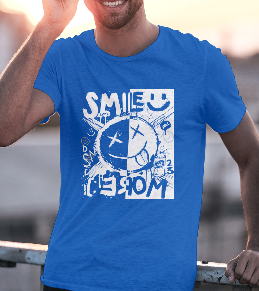 Smile More April Members Only Blue Grunge Style Smiley Face T-Shirt