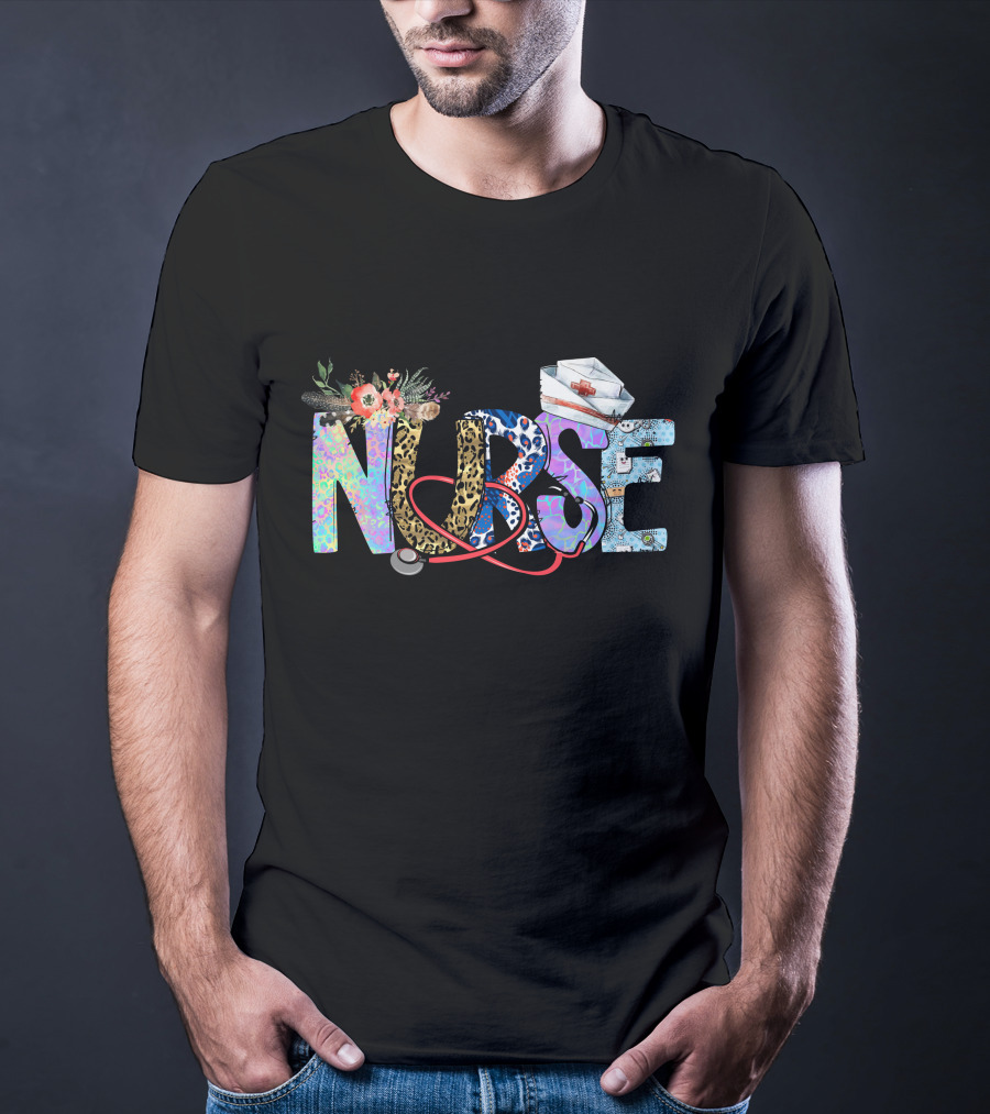 Nurse Colorful Floral Animal Print Stethoscope Hat T-Shirt