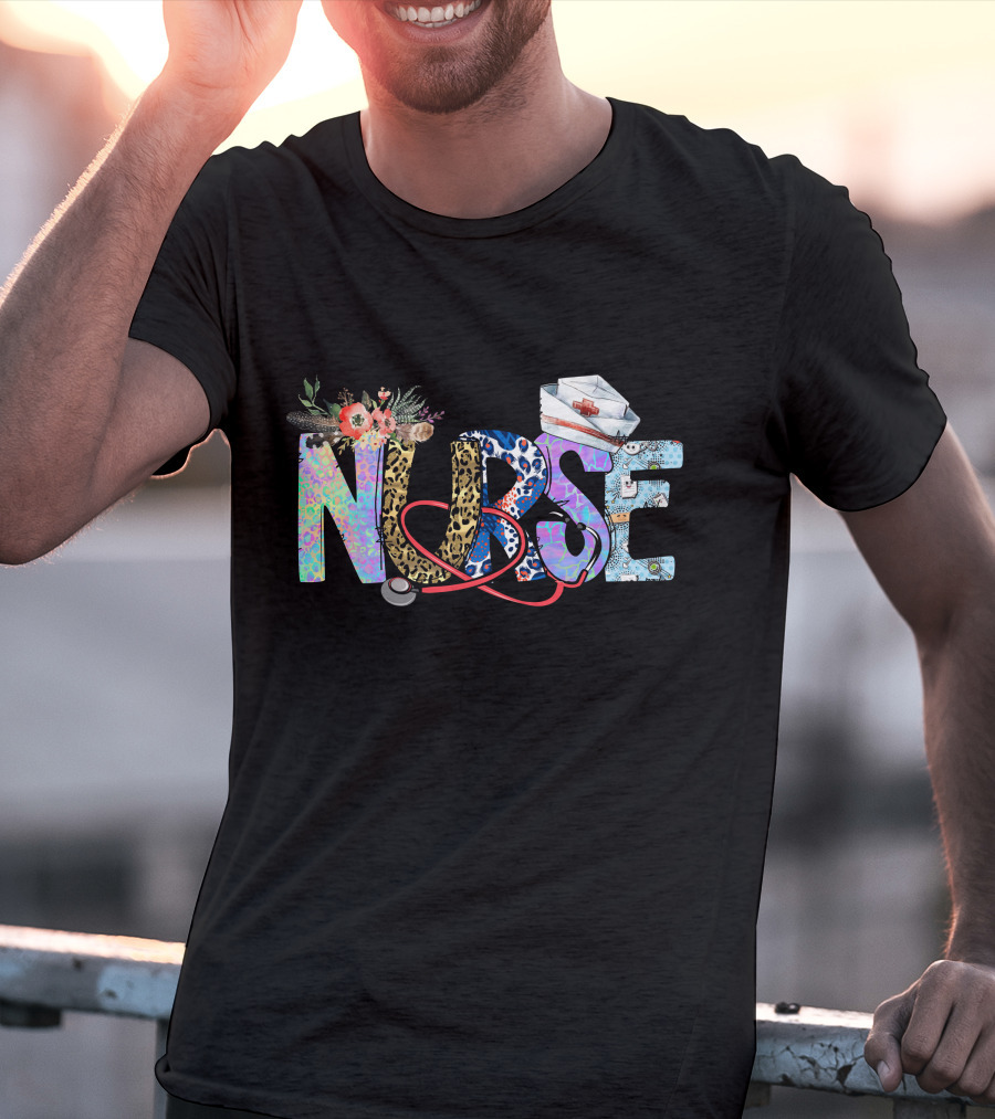 Nurse Colorful Floral Animal Print Stethoscope Hat T-Shirt