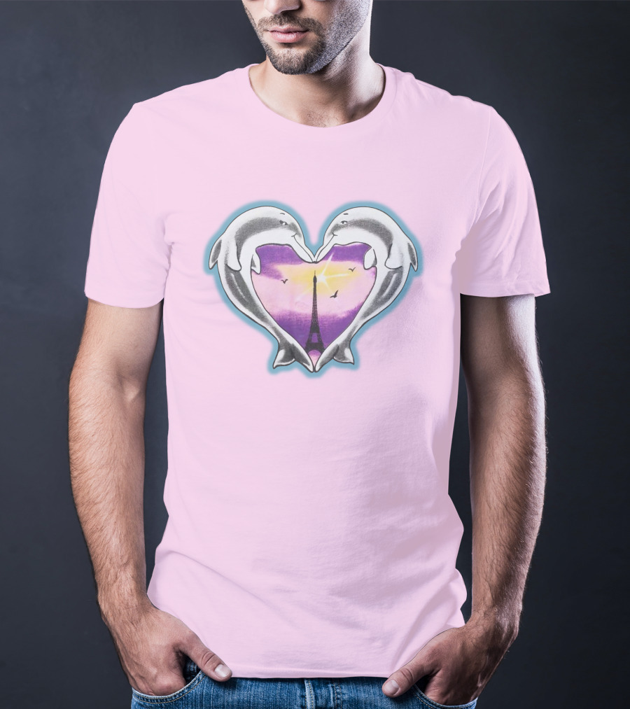 Dolphins Heart Eiffel Tower Sunset Paris Pink Background T-Shirt