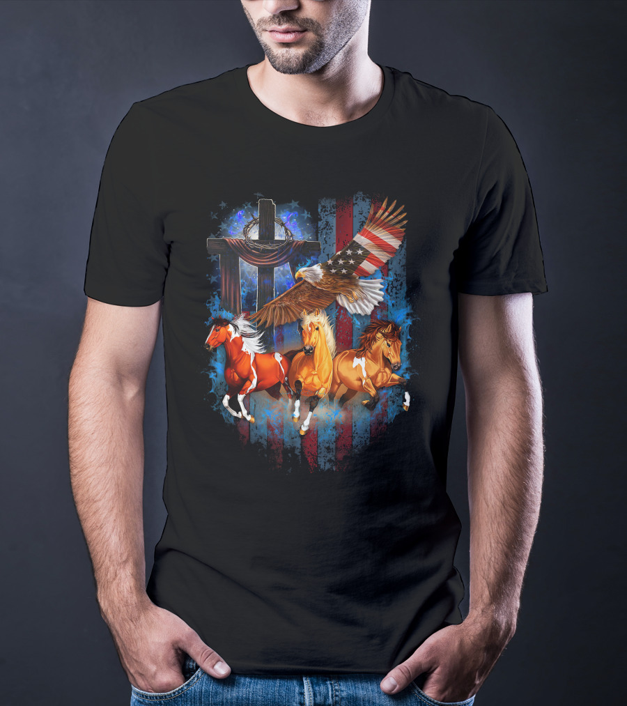 GOD Horse American Flag Eagle Cross T-Shirt
