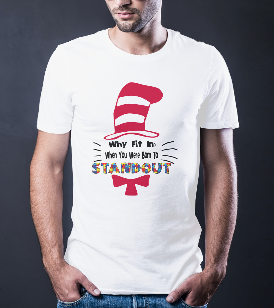 Why Fit In When You Were Born To Standout Autism Cat Hat Puzzle T-Shirt