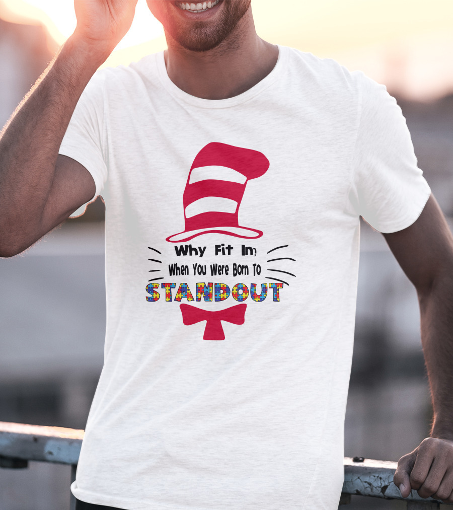 Why Fit In When You Were Born To Standout Autism Cat Hat Puzzle T-Shirt