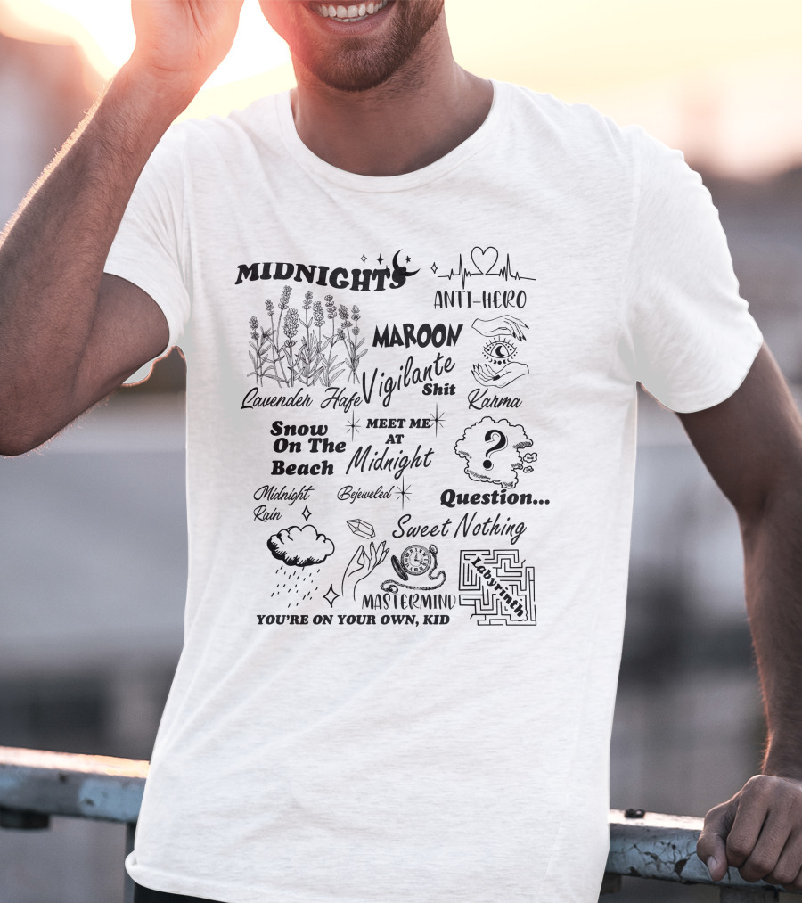 Taylor Swift Midnights Lavender Haze Anti-Hero Maroon Snow On The Beach Karma Question Sweet Nothing Mastermind T-Shirt