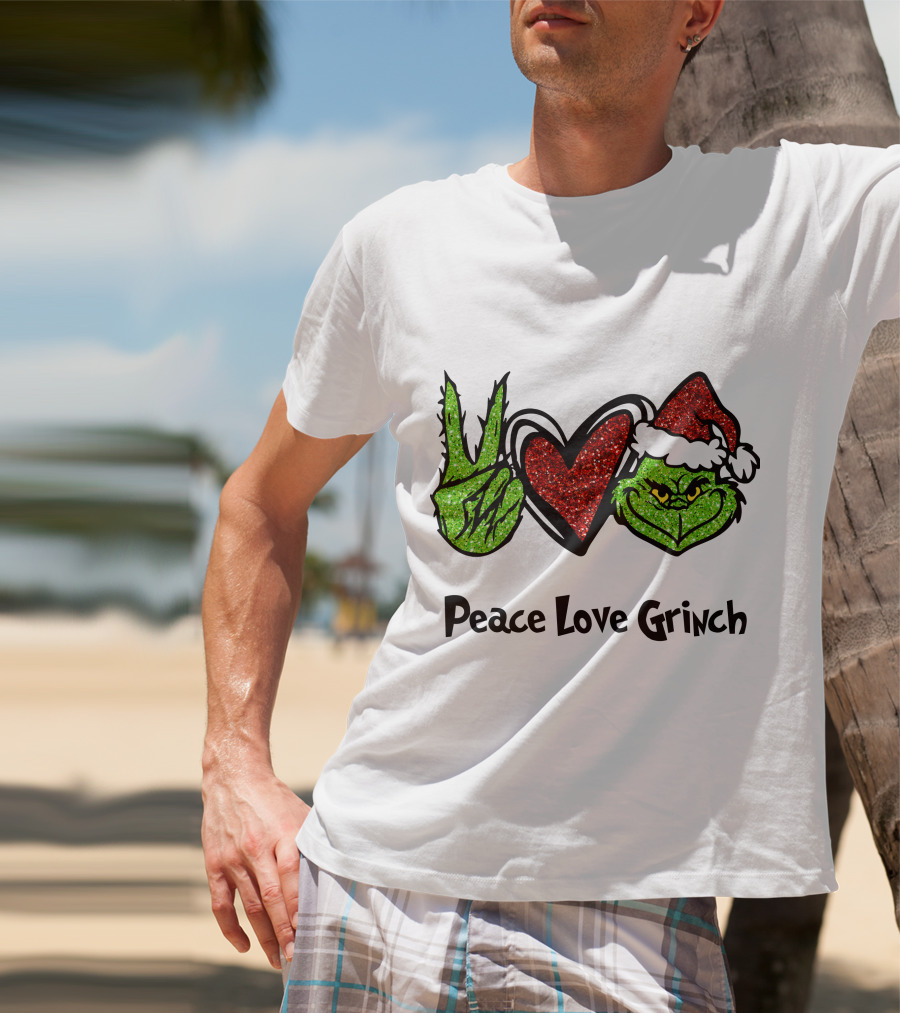 Peace Love Grinch Glitter Christmas Santa Hat T-Shirt
