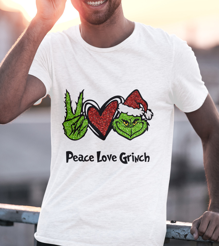 Peace Love Grinch Glitter Christmas Santa Hat T-Shirt