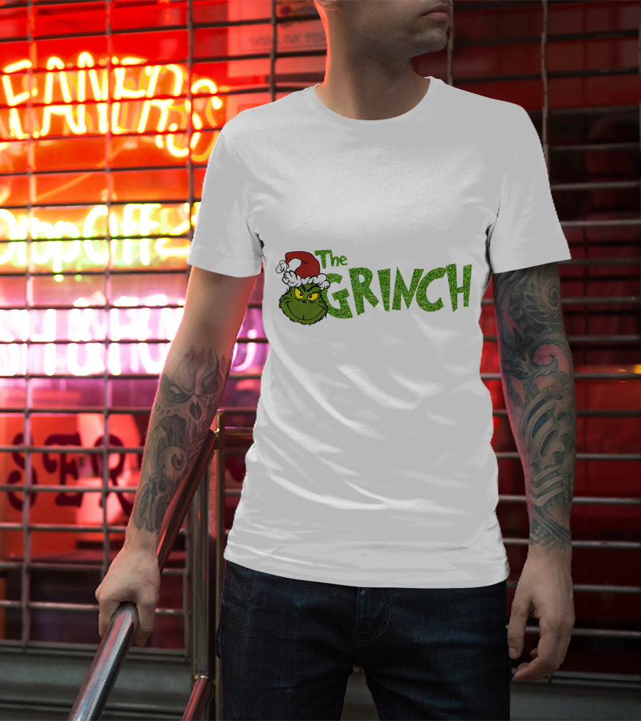 The Grinch Santa Hat Christmas Green Glittery Text T-Shirt