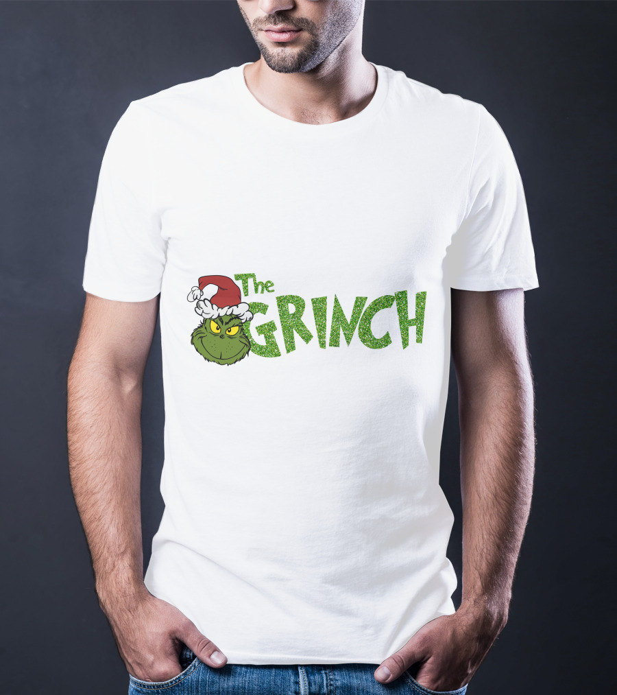 The Grinch Santa Hat Christmas Green Glittery Text T-Shirt
