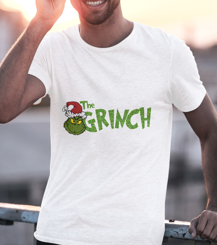The Grinch Santa Hat Christmas Green Glittery Text T-Shirt