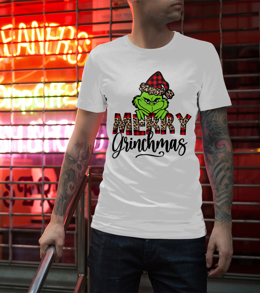Merry Grinchmas Red Plaid And Leopard Print Christmas Grinch T-Shirt