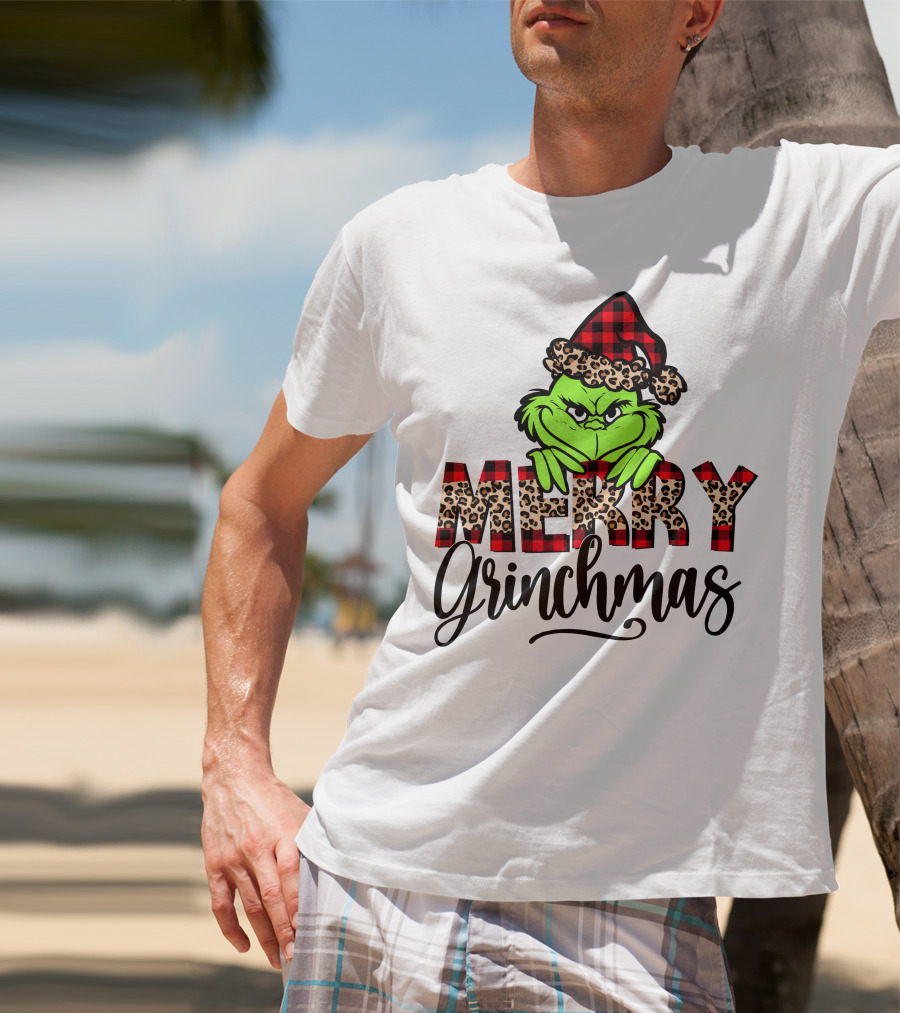 Merry Grinchmas Red Plaid And Leopard Print Christmas Grinch T-Shirt