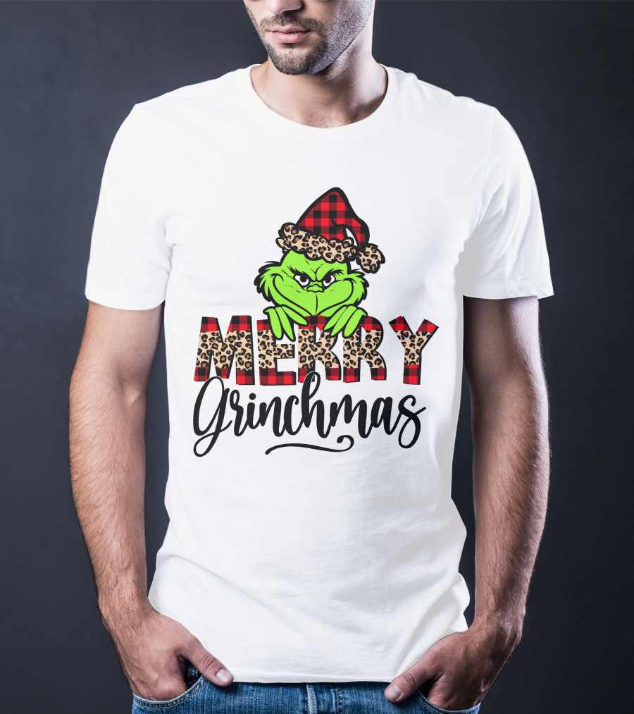 Merry Grinchmas Red Plaid And Leopard Print Christmas Grinch T-Shirt