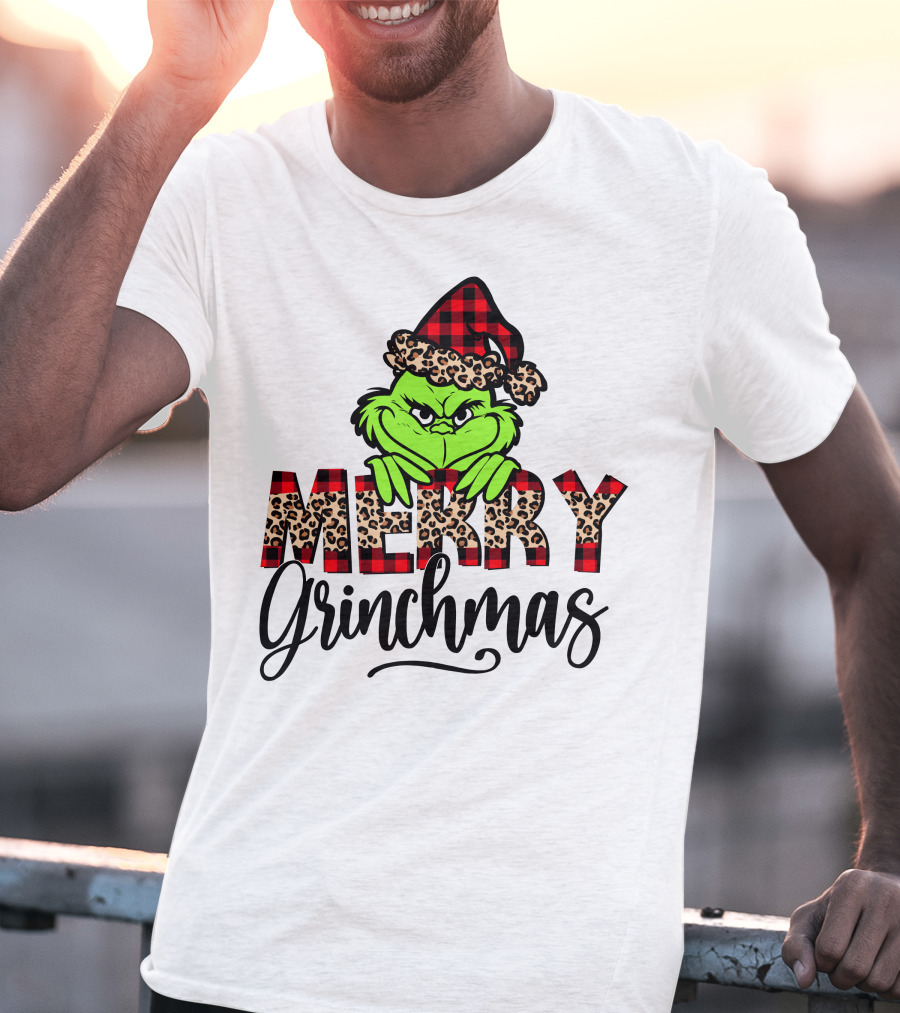 Merry Grinchmas Red Plaid And Leopard Print Christmas Grinch T-Shirt