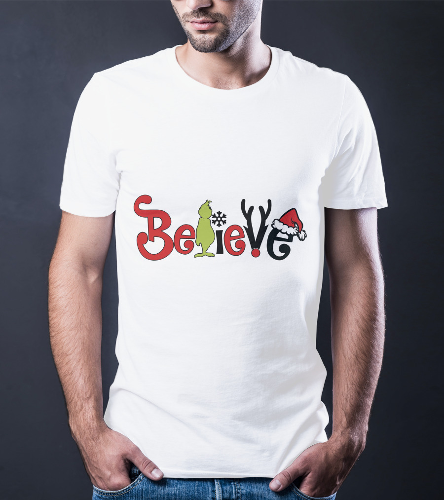 Grinch Believe Christmas Santa Hat Antlers T-Shirt