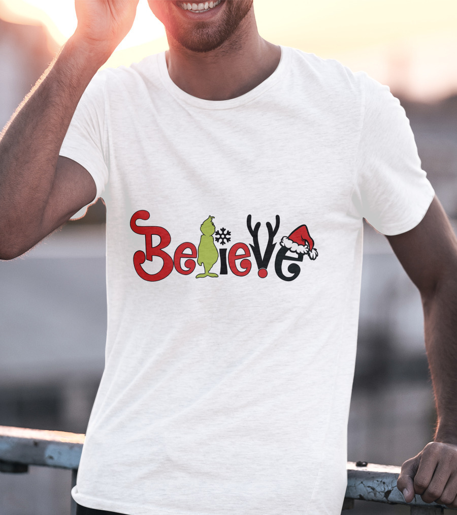 Grinch Believe Christmas Santa Hat Antlers T-Shirt