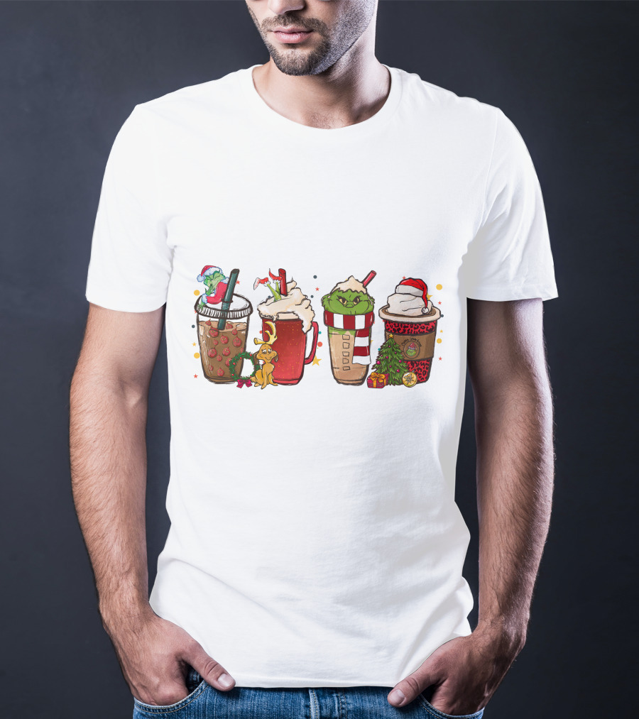 Grinch Christmas Coffee Drinks With Santa Hats And Holiday Decorations T-Shirt