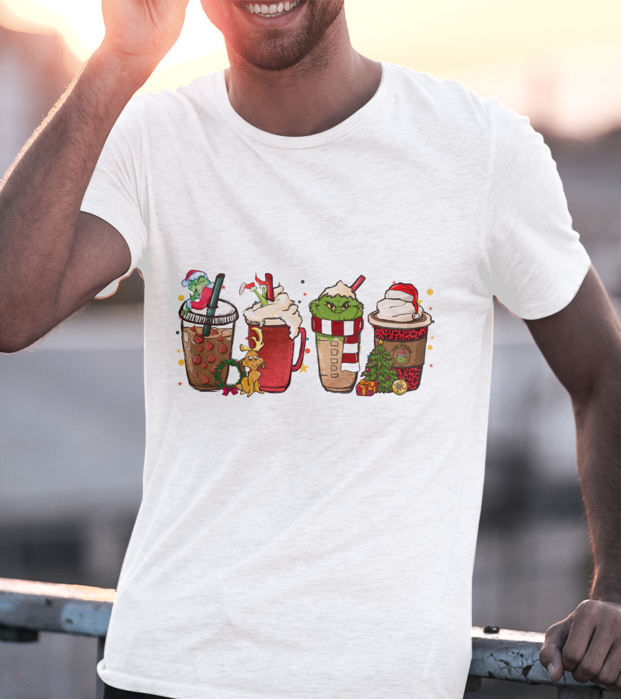Grinch Christmas Coffee Drinks With Santa Hats And Holiday Decorations T-Shirt