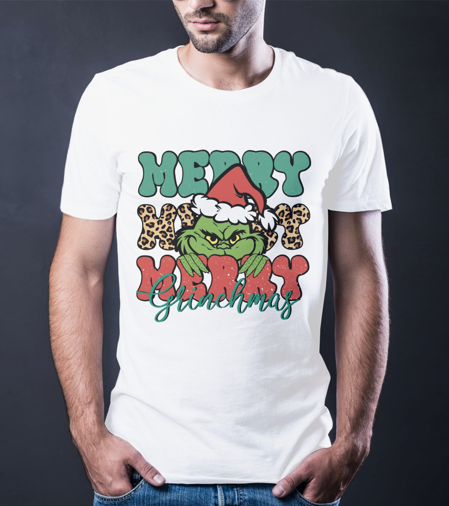Merry Grinchmas Merry Merry Merry Grinch Christmas Santa Hat Green Face Leopard Print T-Shirt