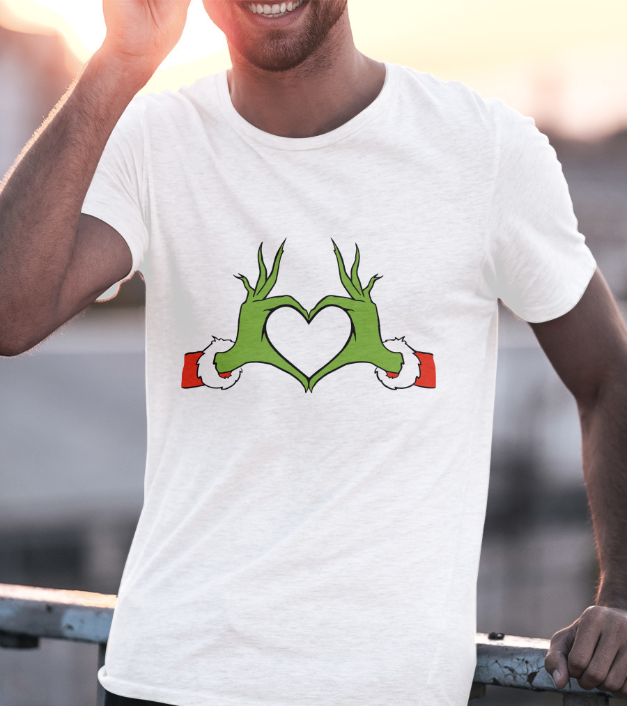 Grinch Hand Heart Christmas Santa Sleeve T-Shirt