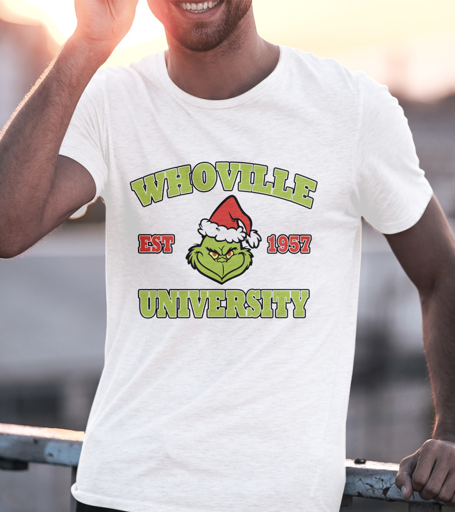 Whoville University Est 1957 Grinch Santa Hat T-Shirt