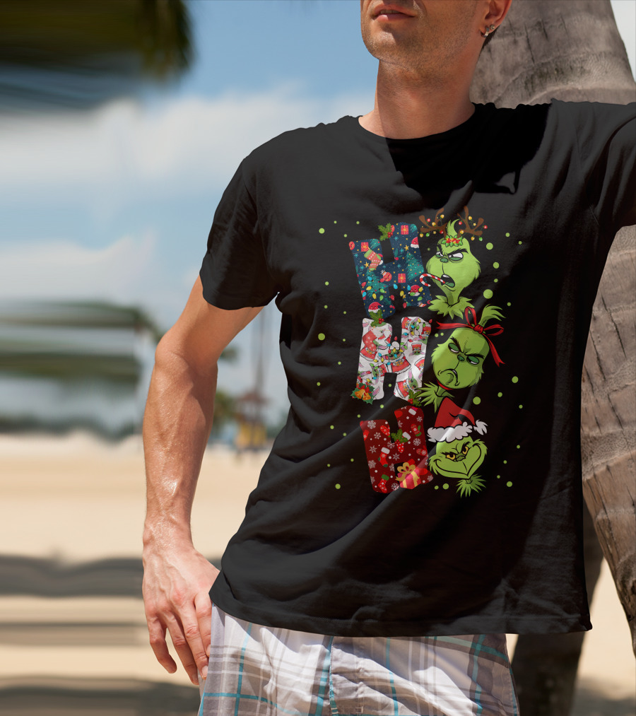 Grinch Ho Ho Ho Christmas Characters With Antlers And Santa Hat T-Shirt