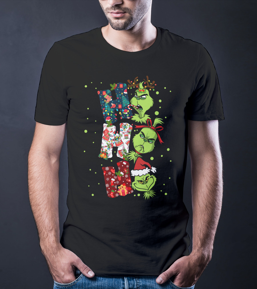 Grinch Ho Ho Ho Christmas Characters With Antlers And Santa Hat T-Shirt