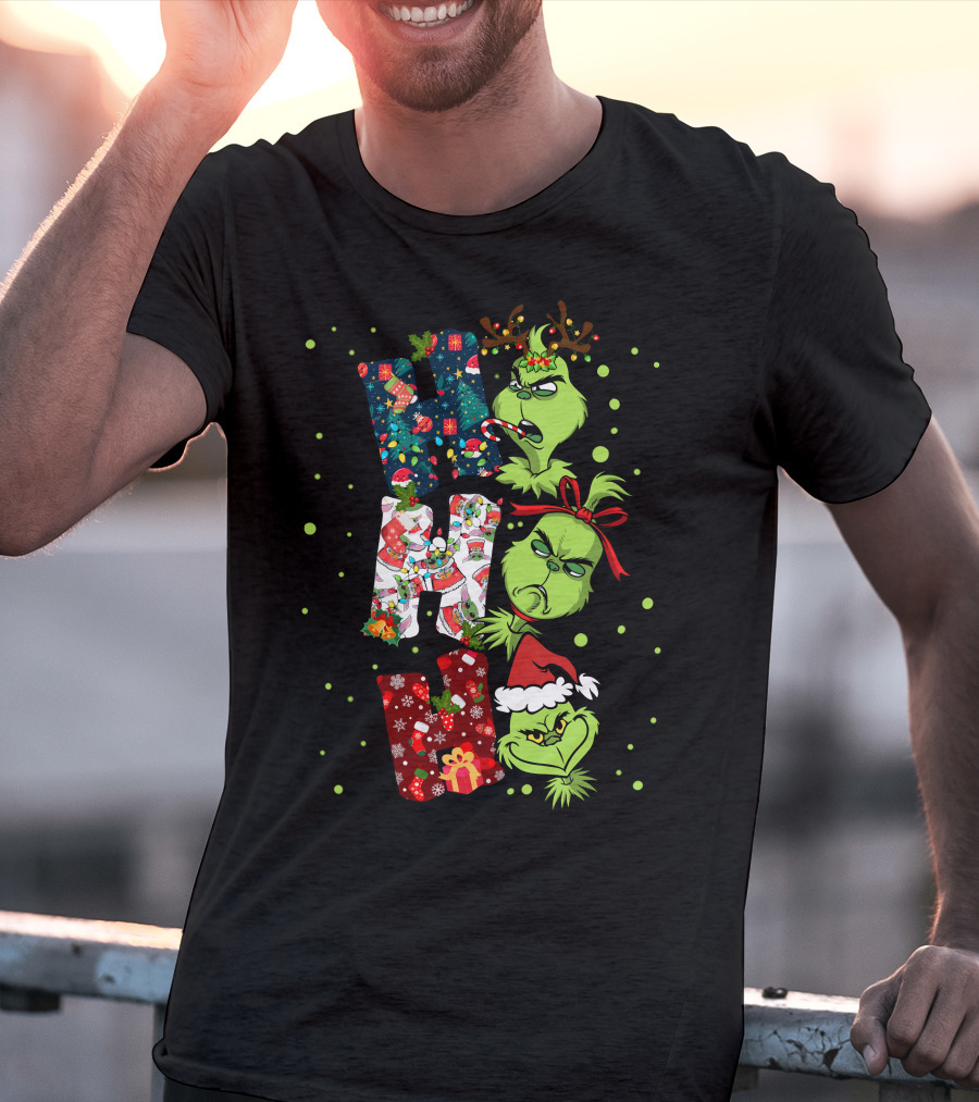 Grinch Ho Ho Ho Christmas Characters With Antlers And Santa Hat T-Shirt