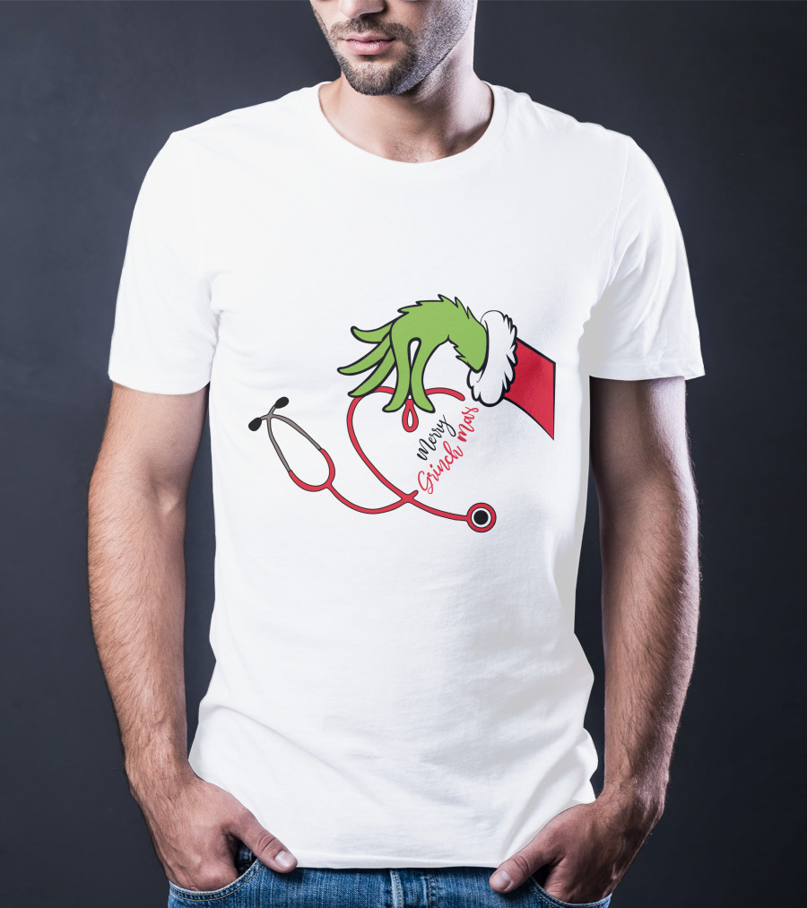 Merry Grinchmas Nurse Stethoscope Christmas Grinch Hand T-Shirt