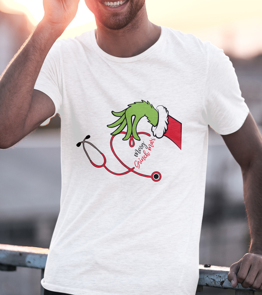 Merry Grinchmas Nurse Stethoscope Christmas Grinch Hand T-Shirt