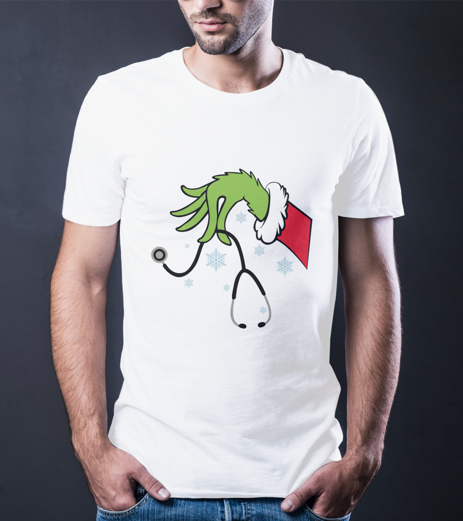 Grinch Nurse Christmas Doctor Stethoscope Hand Snowflakes T-Shirt