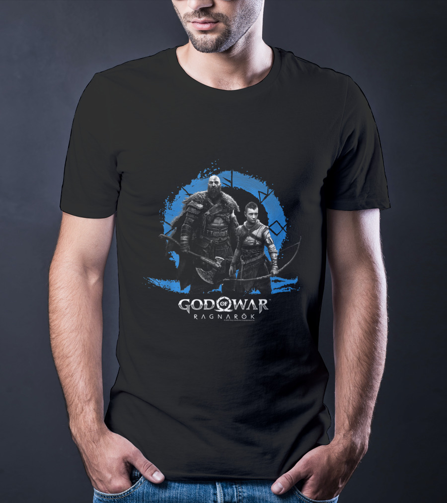 Kratos And Atreus In God Of War Ragnarok Symbolic Blue Circle T-Shirt