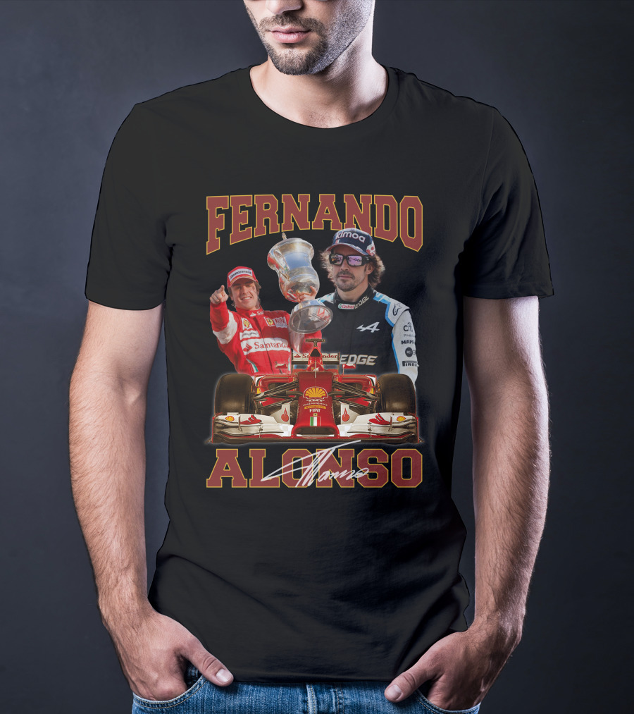 Fernando Alonso F1 Racing Legend With Trophy And Cars T-Shirt