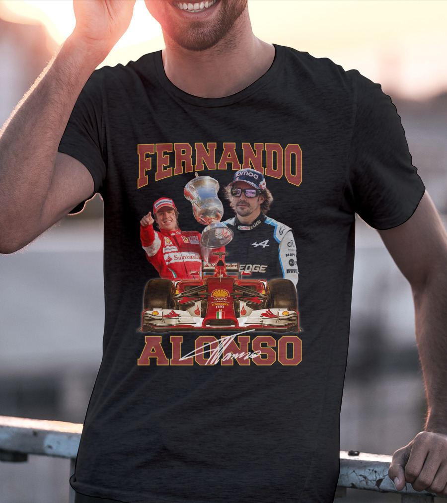 Fernando Alonso F1 Racing Legend With Trophy And Cars T-Shirt