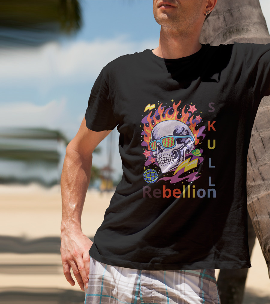 Rebellion Skull With Fiery Sunglasses And Cosmic Elements T-Shirt