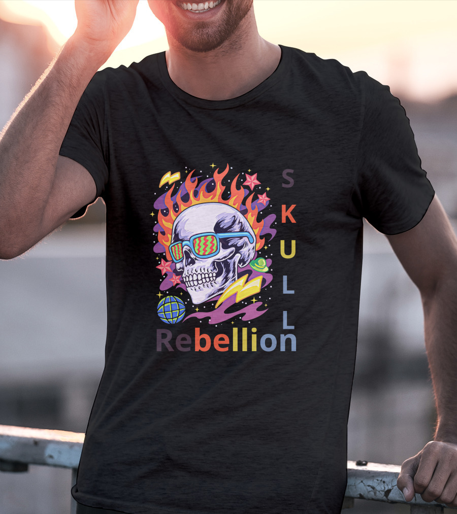 Rebellion Skull With Fiery Sunglasses And Cosmic Elements T-Shirt