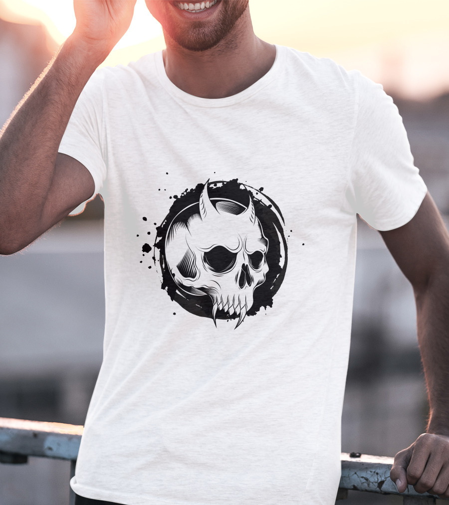 Demon Skull Horned Black Ink Splatter T-Shirt