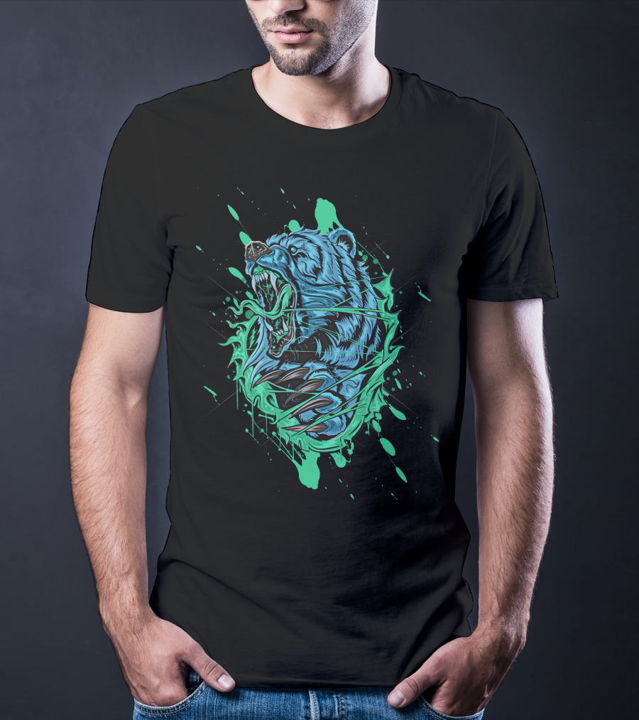 Angry Bear Roaring In Dynamic Teal And Black Paint Splash T-Shirt