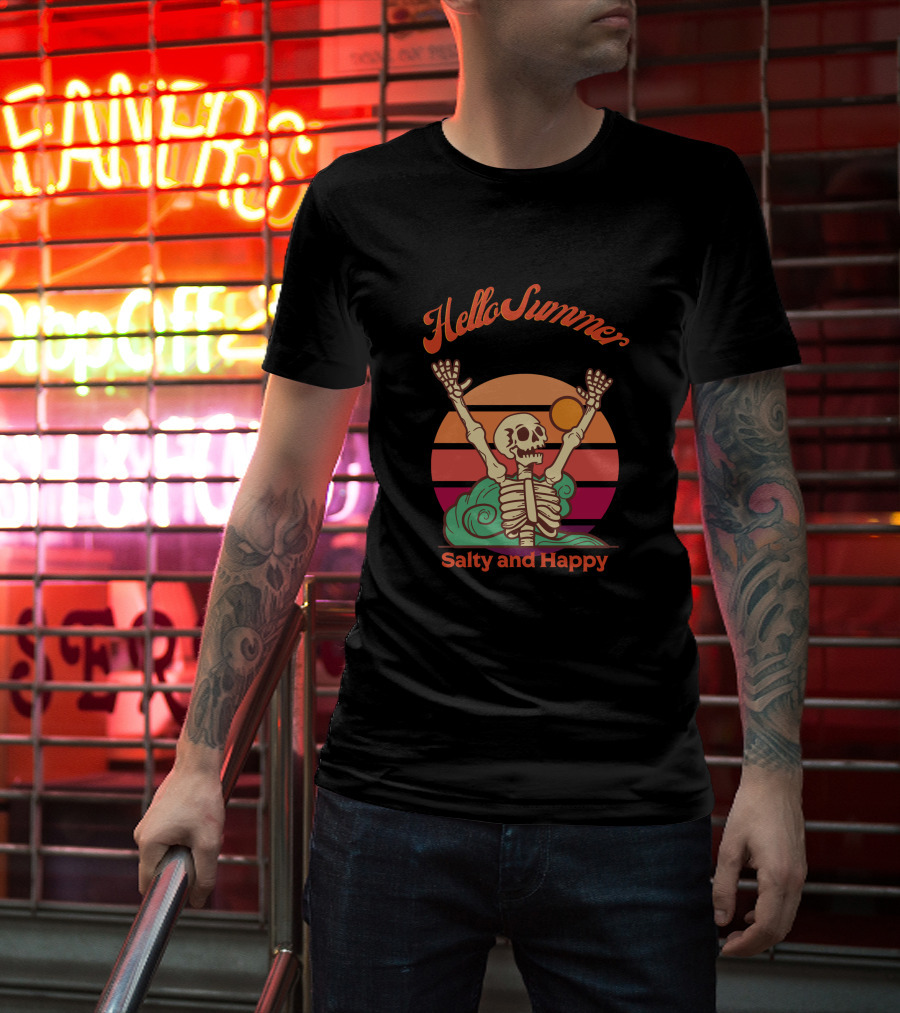 Hello Summer Salty And Happy Skeleton Sunset T-Shirt
