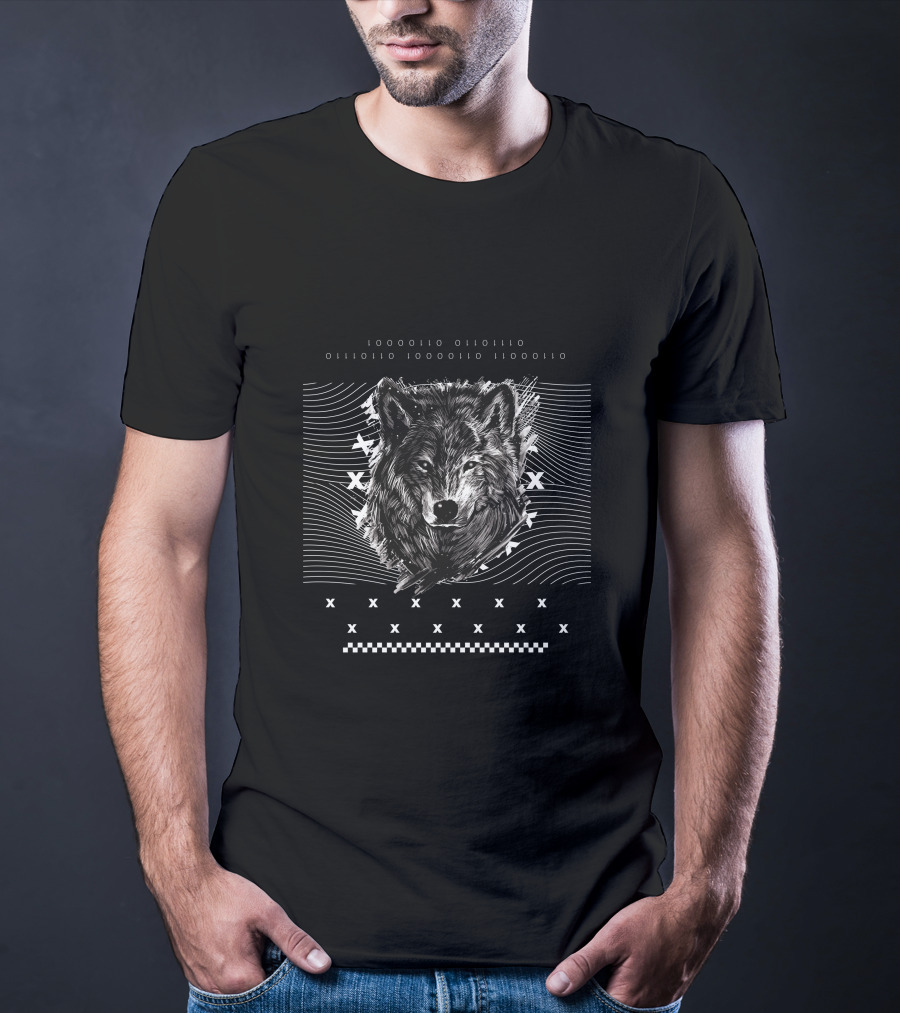 Hunter Wolf Head With Geometric Patterns And Waves T-Shirt