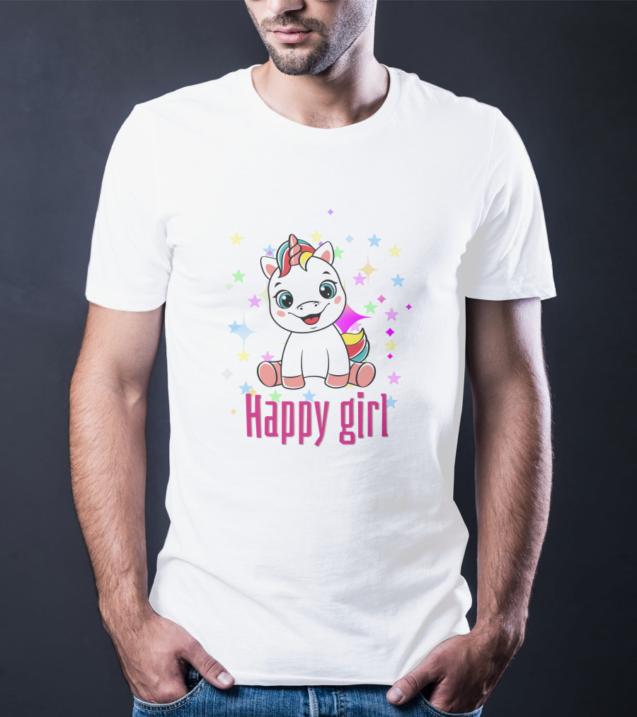 Happy Girl Colorful Unicorn Surrounded By Stars T-Shirt