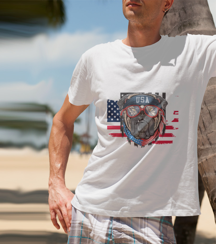 USA Bandana Glasses American Bulldog With Flag Background T-Shirt