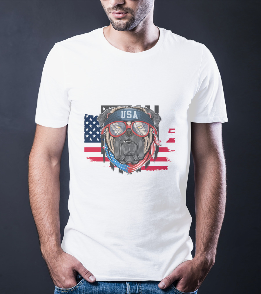 USA Bandana Glasses American Bulldog With Flag Background T-Shirt