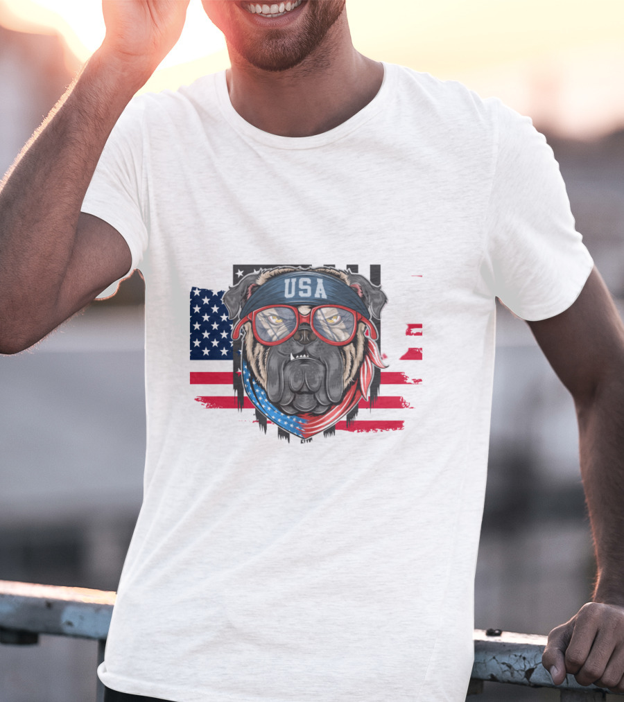 USA Bandana Glasses American Bulldog With Flag Background T-Shirt