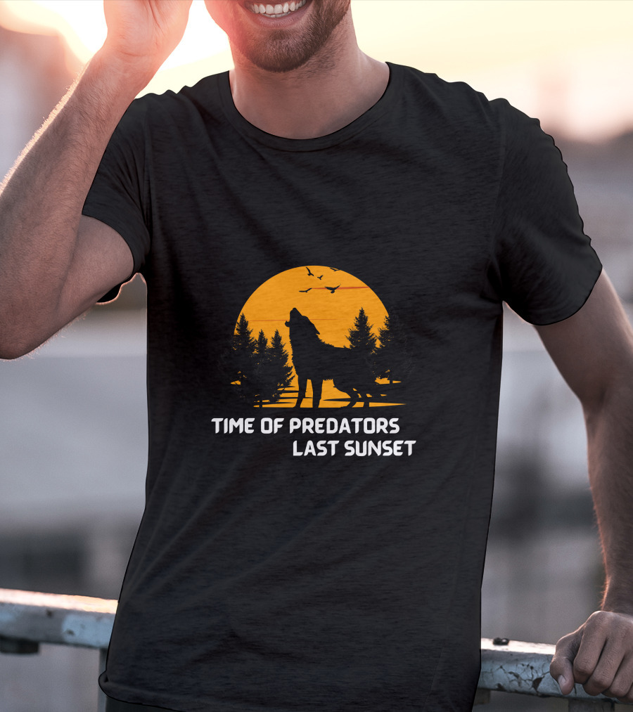 Time Of Predators Last Sunset Wolf Silhouette Against Orange Sky With Trees And Birds T-Shirt