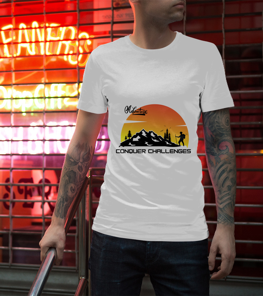 Adventure Conquer Challenges Mountain Hiking Silhouette Sunset Scene T-Shirt