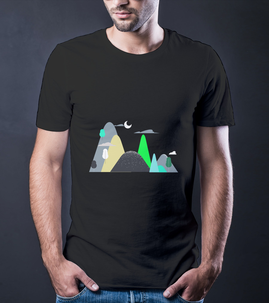 Mountains Moon Night Scene With Trees And Clouds T-Shirt