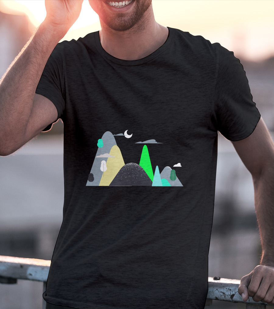 Mountains Moon Night Scene With Trees And Clouds T-Shirt