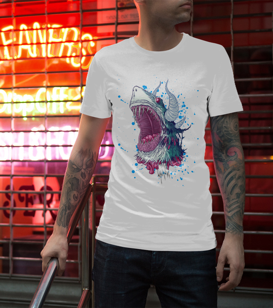Monster Shark Scream With Horns And Splatter T-Shirt