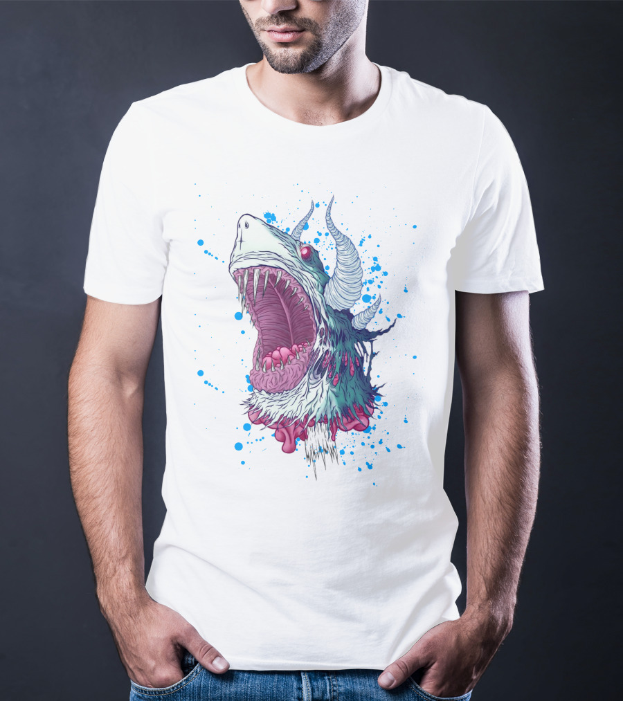 Monster Shark Scream With Horns And Splatter T-Shirt