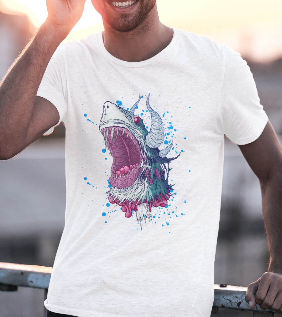 Monster Shark Scream With Horns And Splatter T-Shirt